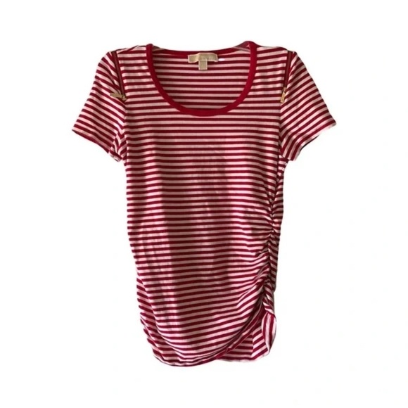 Michael Kors | Red Striped Zippered Ruched Short Sleeve Cotton Tee, Large - Picture 1 of 7